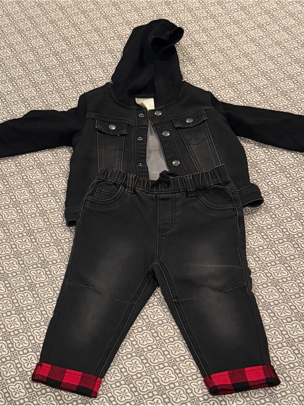 Michael Kors Kids Black Hoodie Jacket and Jogger Set with Red Plaid Cuffs